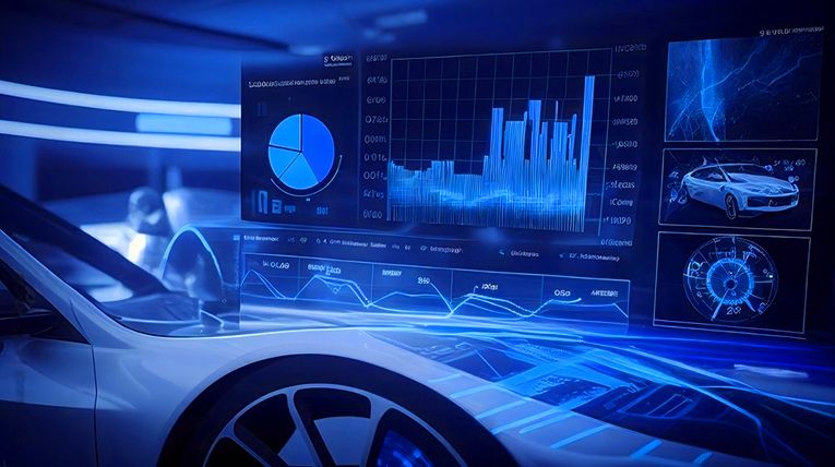 Futuristic car diagnostics display with blue graphs and charts.